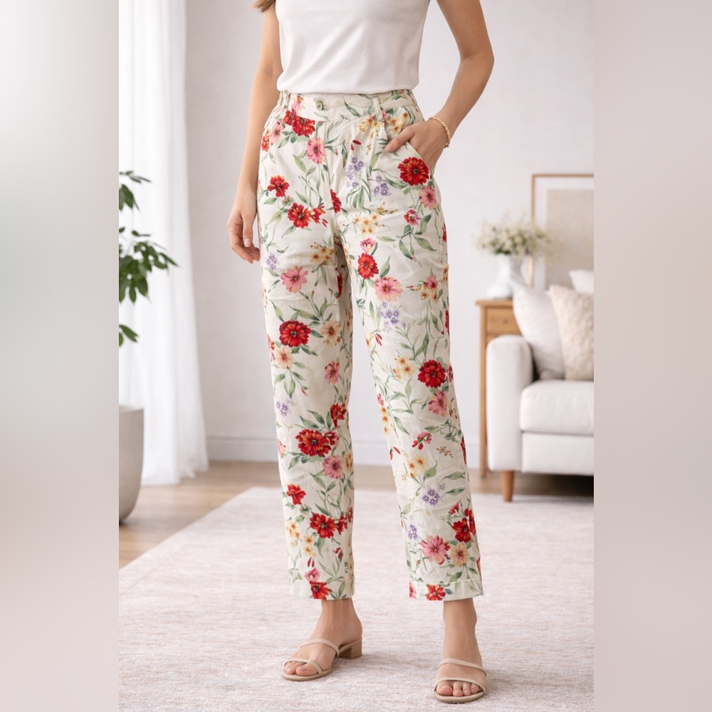 Susan Bristol 12P Floral Linen Blend Pants Cottagecore Spring Summer